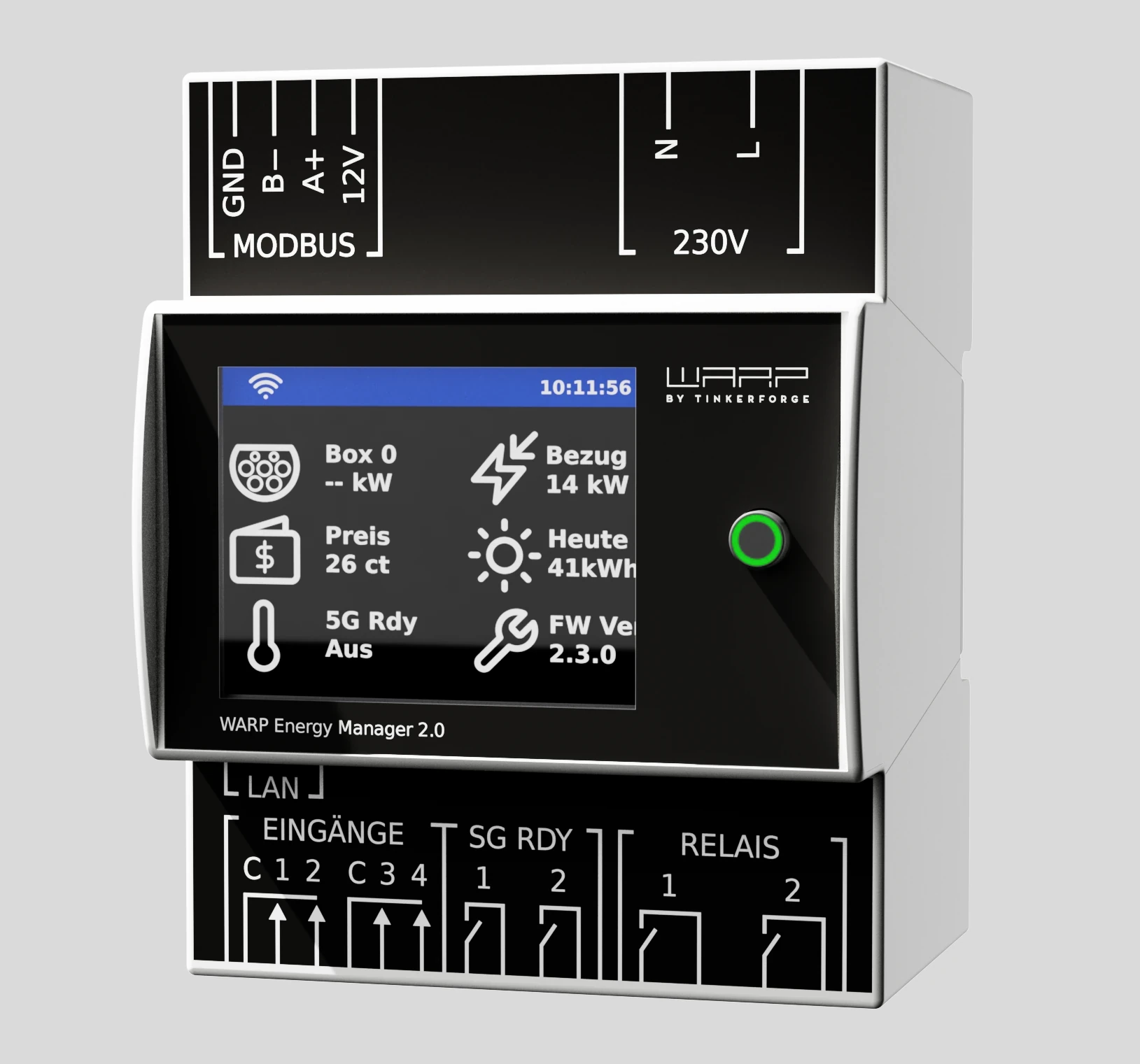 WARP Energy Manager 2.0 DIN-rail module with colour display