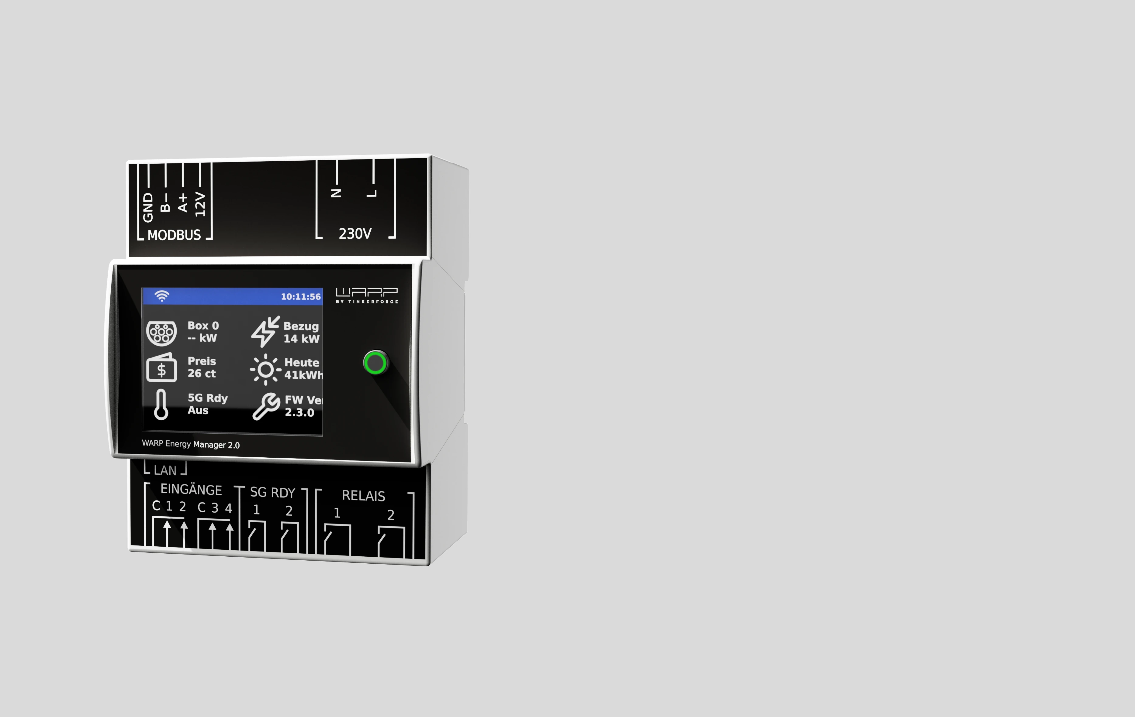 WARP Energy Manager 2.0 DIN-rail module with colour display