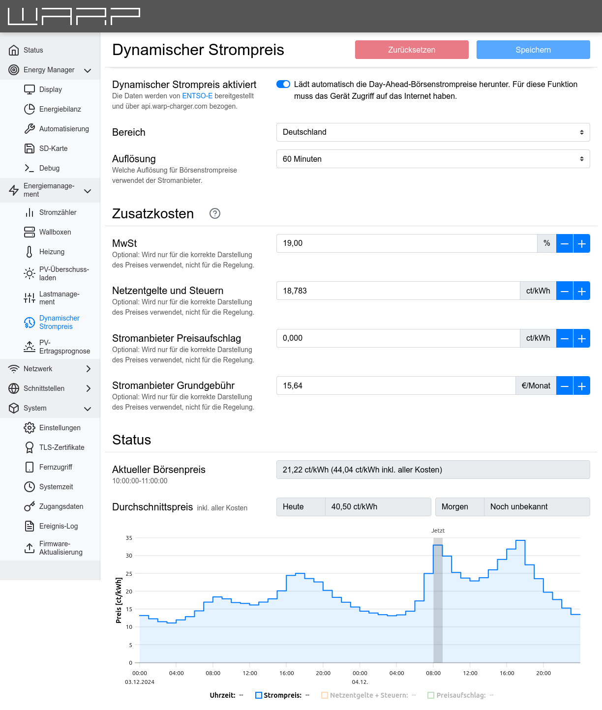 WARP Energy Manager 2.0 dynamische Strompreise Konfigurationsseite