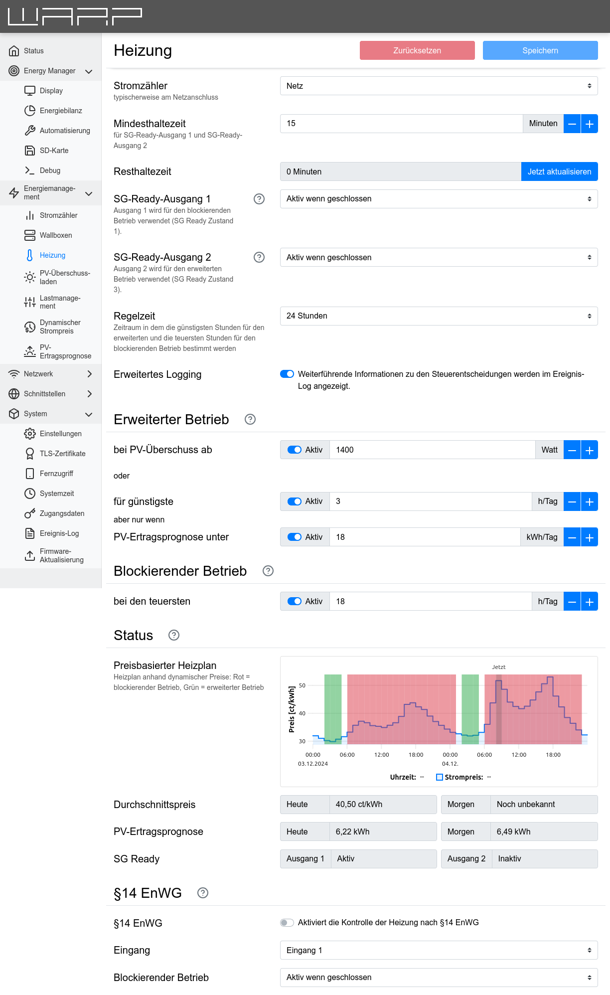 WARP Energy Manager 2.0 Heizung Konfigurationsseite