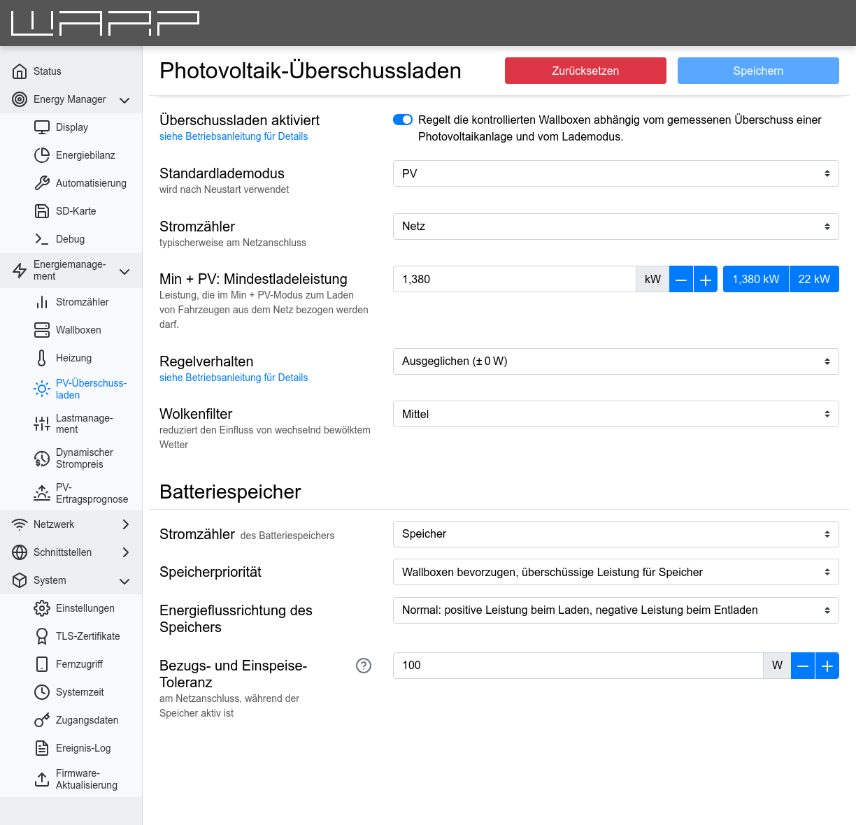 WARP Energy Manager 2.0 PV-Überschuss Konfigurationsseite